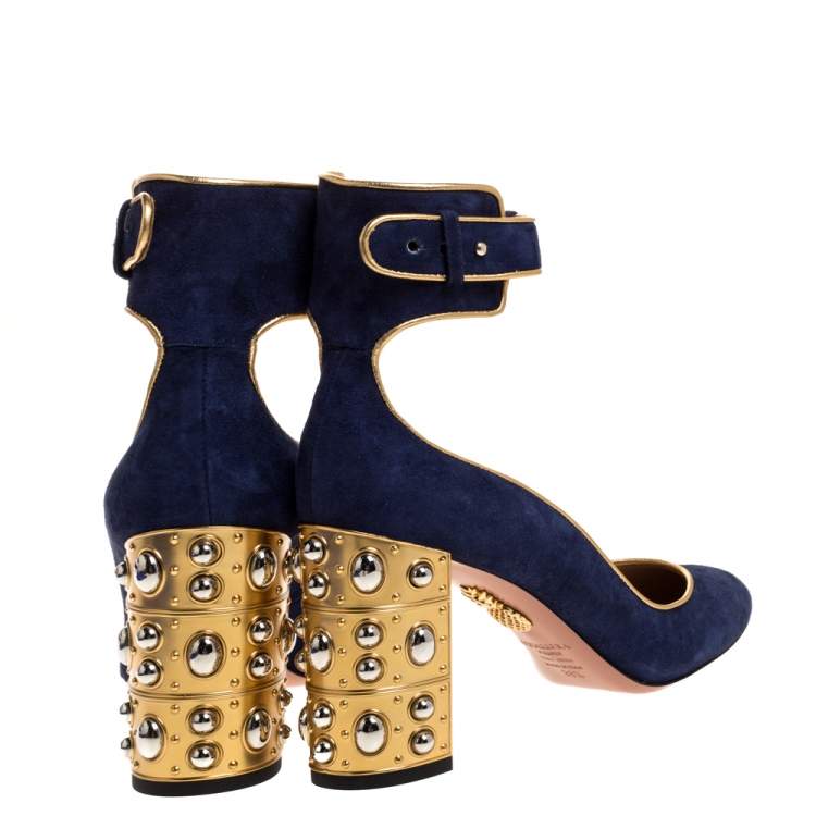 Pre Owned Aquazzura Navy Blue Suede Lucky Star Ankle Strap Pumps Size 38.5