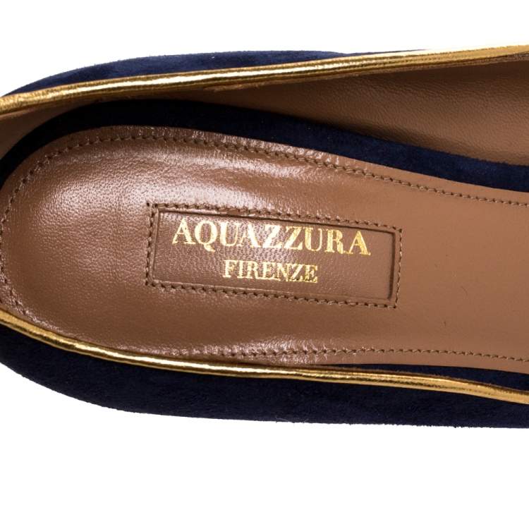 Pre Owned Aquazzura Navy Blue Suede Lucky Star Ankle Strap Pumps Size 38.5