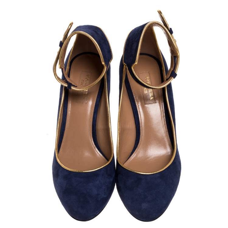 Pre Owned Aquazzura Navy Blue Suede Lucky Star Ankle Strap Pumps Size 38.5