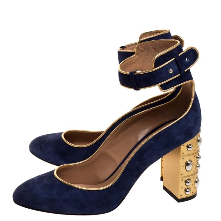Pre Owned Aquazzura Navy Blue Suede Lucky Star Ankle Strap Pumps Size 38.5