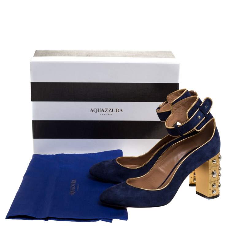 Pre Owned Aquazzura Navy Blue Suede Lucky Star Ankle Strap Pumps Size 38.5