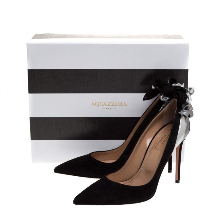 Pre Owned Aquazzura Black/Silver Suede and Leather Fire Pumps Size 38.5