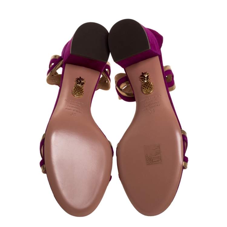 Pre Owned Aquazzura Purple/Gold Suede and Patent Leather Moon Ray Sandals Size 38