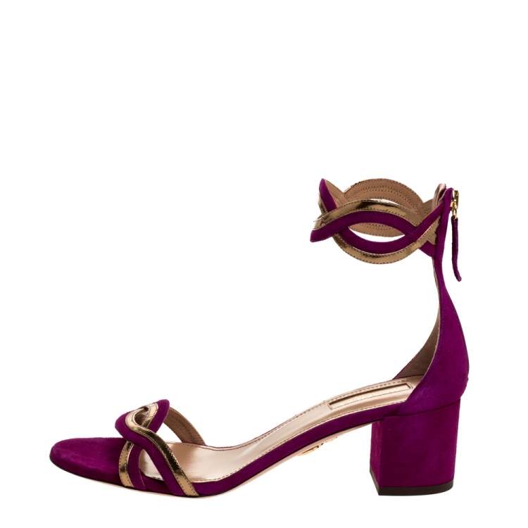 Pre Owned Aquazzura Purple/Gold Suede and Patent Leather Moon Ray Sandals Size 38