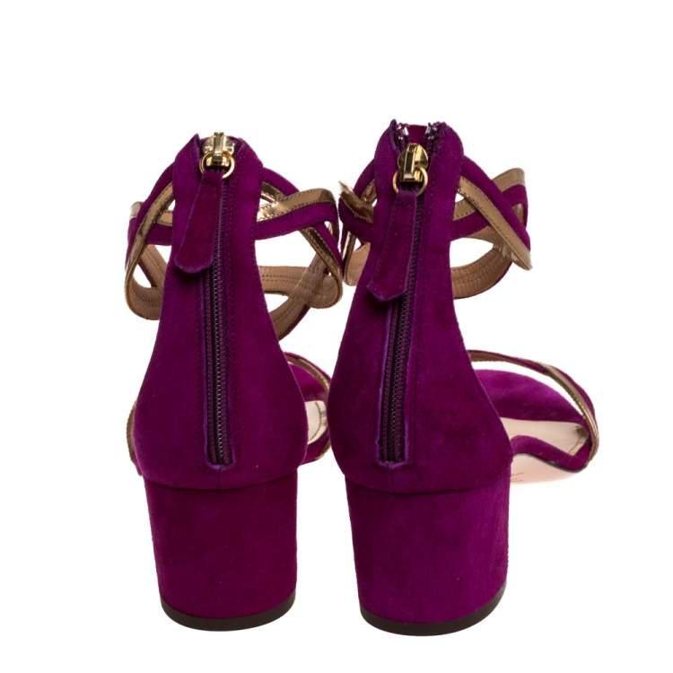 Pre Owned Aquazzura Purple/Gold Suede and Patent Leather Moon Ray Sandals Size 38