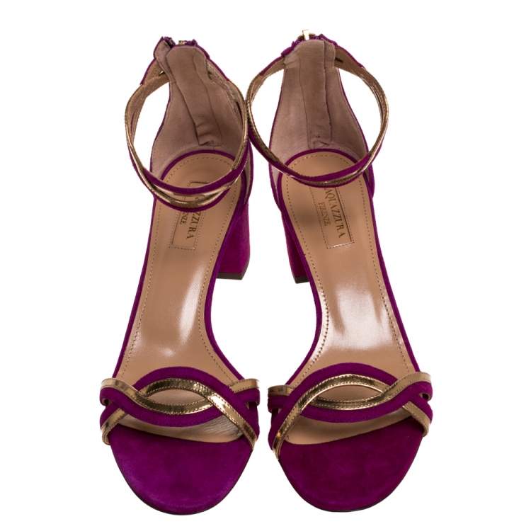 Pre Owned Aquazzura Purple/Gold Suede and Patent Leather Moon Ray Sandals Size 38