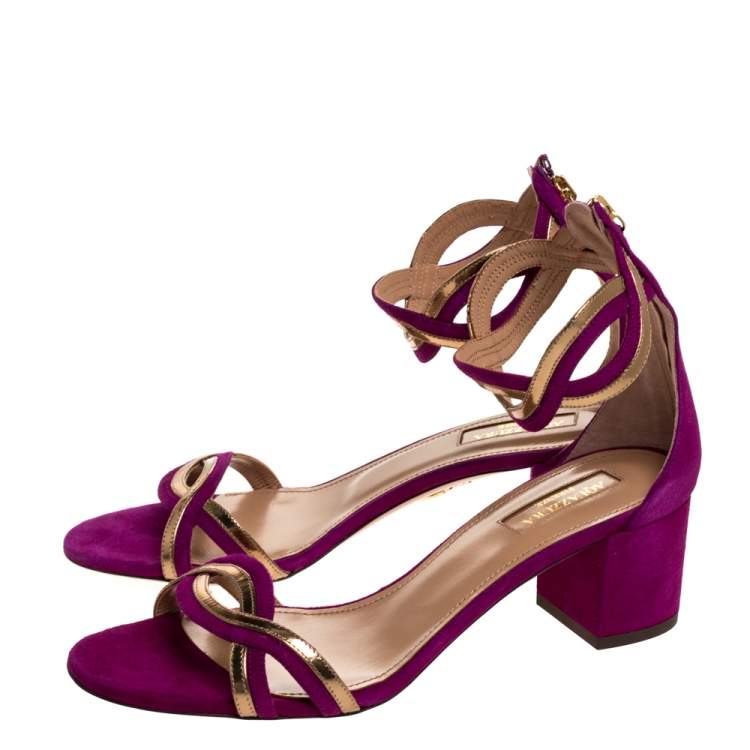 Pre Owned Aquazzura Purple/Gold Suede and Patent Leather Moon Ray Sandals Size 38