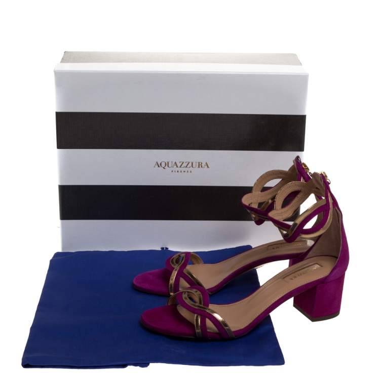 Pre Owned Aquazzura Purple/Gold Suede and Patent Leather Moon Ray Sandals Size 38