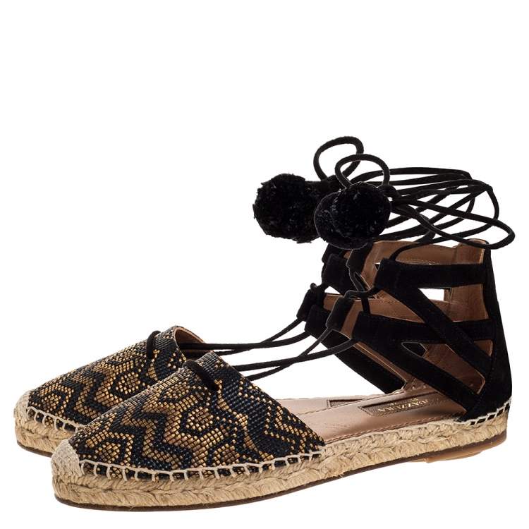 Pre Owned Aquazzura Brown/Black Raffia And Suede Leather Belgravia Lace Up Espadrille Flat Sandals Size 36