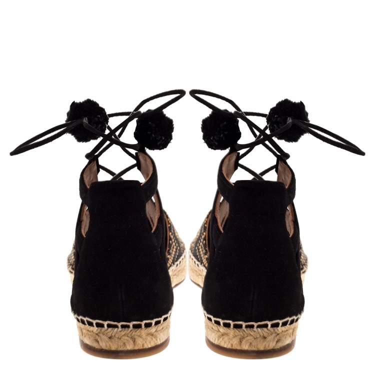 Pre Owned Aquazzura Brown/Black Raffia And Suede Leather Belgravia Lace Up Espadrille Flat Sandals Size 36