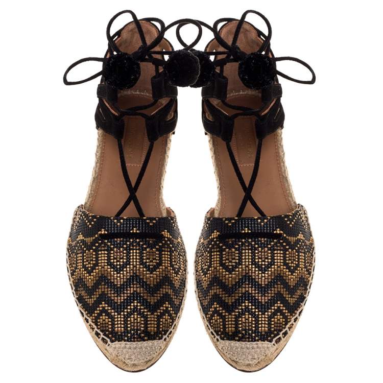 Pre Owned Aquazzura Brown/Black Raffia And Suede Leather Belgravia Lace Up Espadrille Flat Sandals Size 36