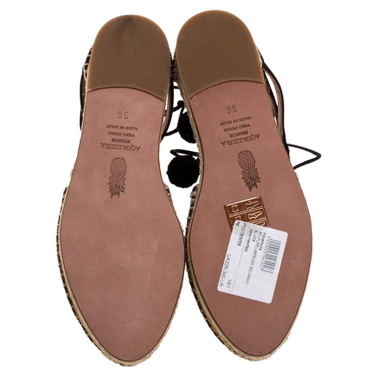 Pre Owned Aquazzura Brown/Black Raffia And Suede Leather Belgravia Lace Up Espadrille Flat Sandals Size 36