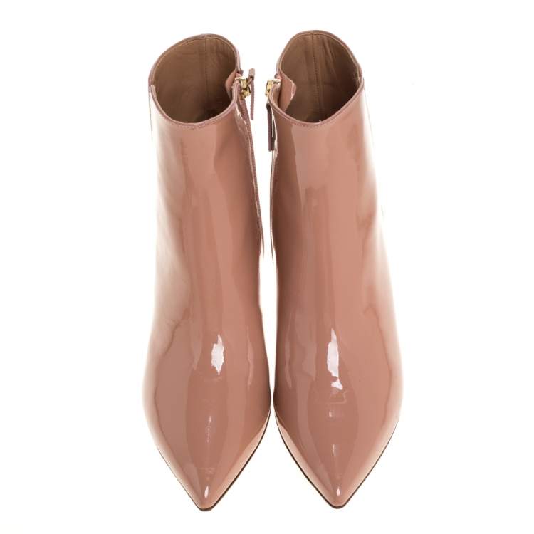 Pre Owned Aquazzura Beige Patent Leather Quant Pointed Toe Ankle Booties Size 37