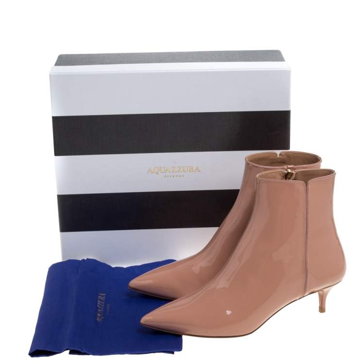 Pre Owned Aquazzura Beige Patent Leather Quant Pointed Toe Ankle Booties Size 37