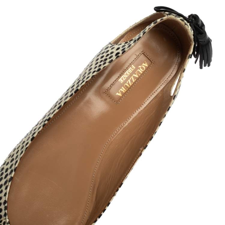 Pre Owned Aquazzura Black/White Python Leather Forever Marilyn Tassel Ballet Flats Size 37