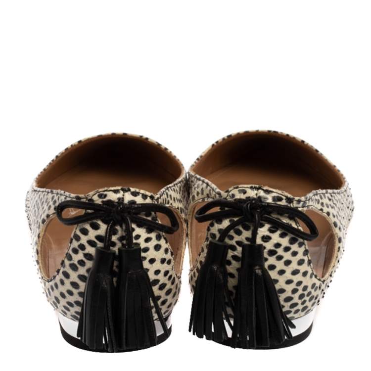 Pre Owned Aquazzura Black/White Python Leather Forever Marilyn Tassel Ballet Flats Size 37