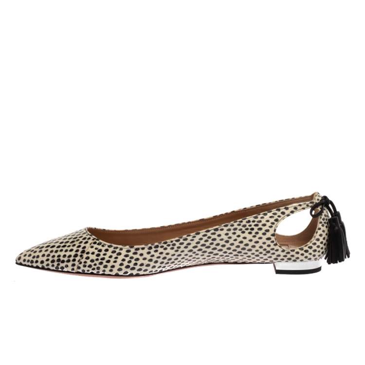 Pre Owned Aquazzura Black/White Python Leather Forever Marilyn Tassel Ballet Flats Size 37