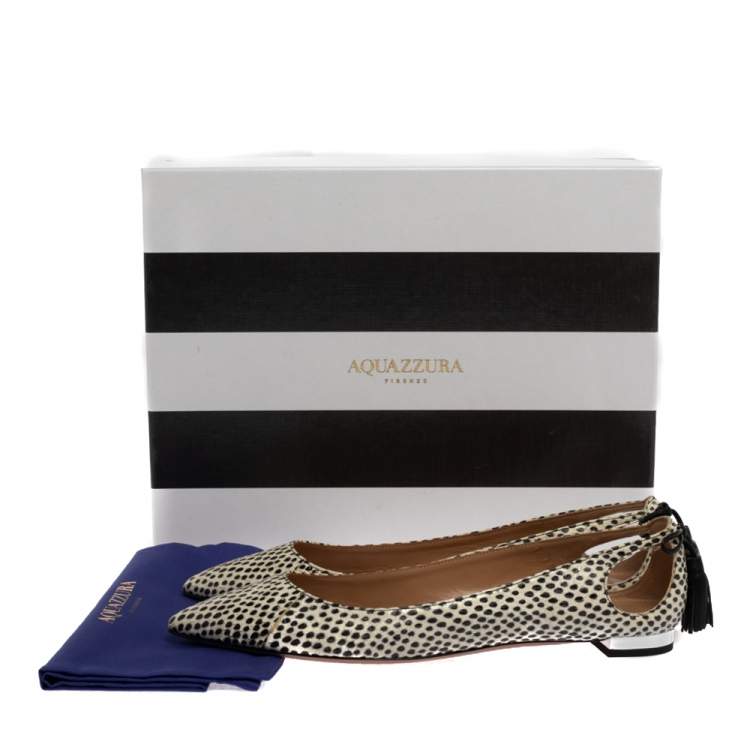 Pre Owned Aquazzura Black/White Python Leather Forever Marilyn Tassel Ballet Flats Size 37