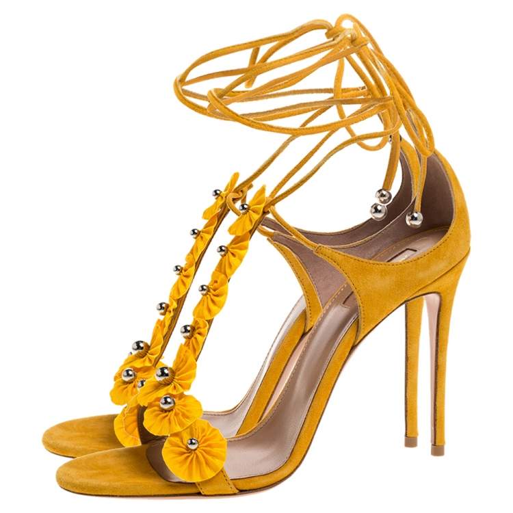 Pre Owned Aquazzura Yellow Suede And Fabric Exotic T Strap Ankle Wrap Sandals Size 40