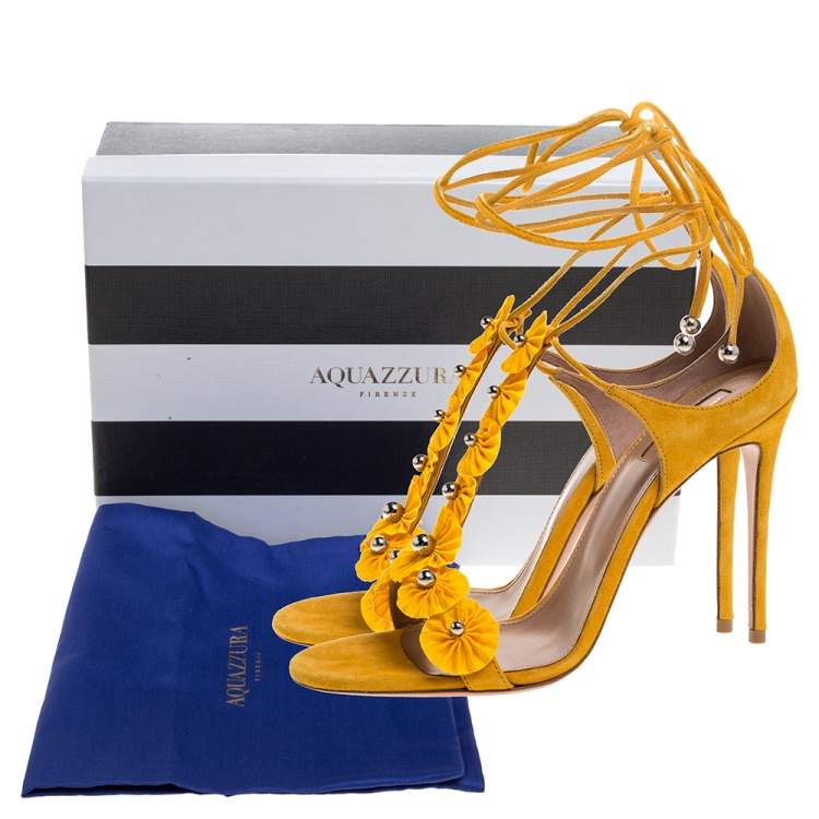 Pre Owned Aquazzura Yellow Suede And Fabric Exotic T Strap Ankle Wrap Sandals Size 40