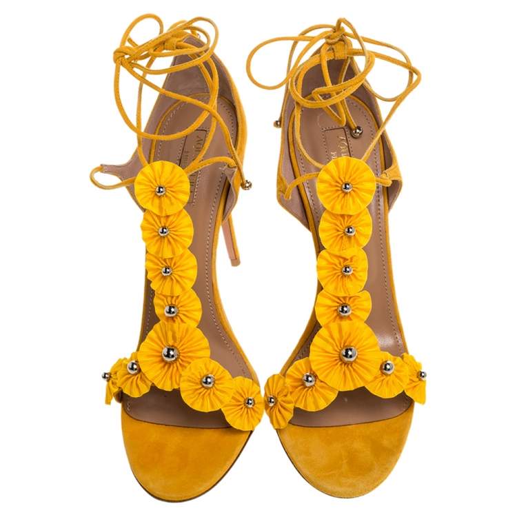 Pre Owned Aquazzura Yellow Suede And Fabric Exotic T Strap Ankle Wrap Sandals Size 40