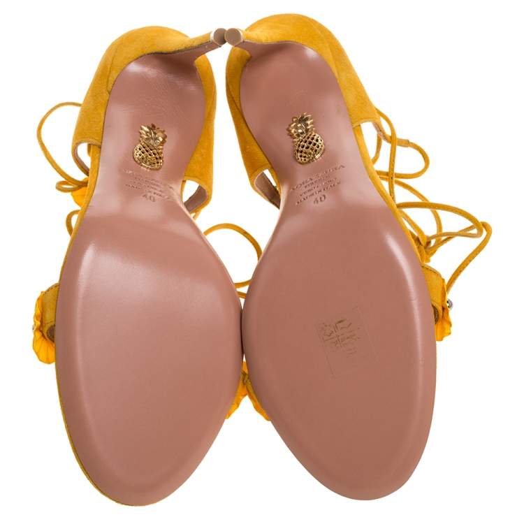 Pre Owned Aquazzura Yellow Suede And Fabric Exotic T Strap Ankle Wrap Sandals Size 40
