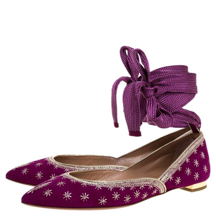 Pre Owned Aquazzura Purple Suede Leather Bliss Embroidered Ankle Wrap Ballet Flats Size 37