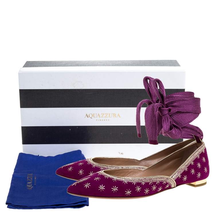 Pre Owned Aquazzura Purple Suede Leather Bliss Embroidered Ankle Wrap Ballet Flats Size 37