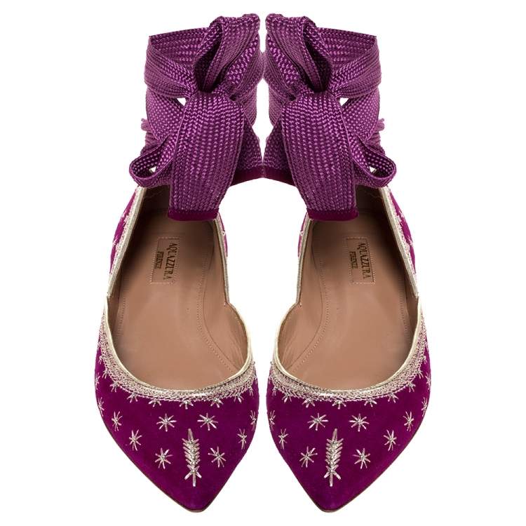 Pre Owned Aquazzura Purple Suede Leather Bliss Embroidered Ankle Wrap Ballet Flats Size 37