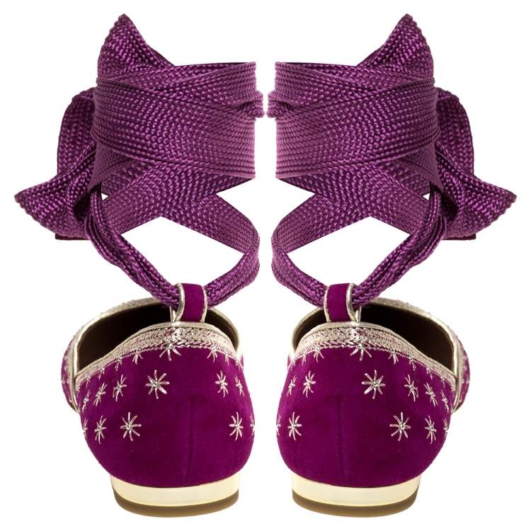 Pre Owned Aquazzura Purple Suede Leather Bliss Embroidered Ankle Wrap Ballet Flats Size 37