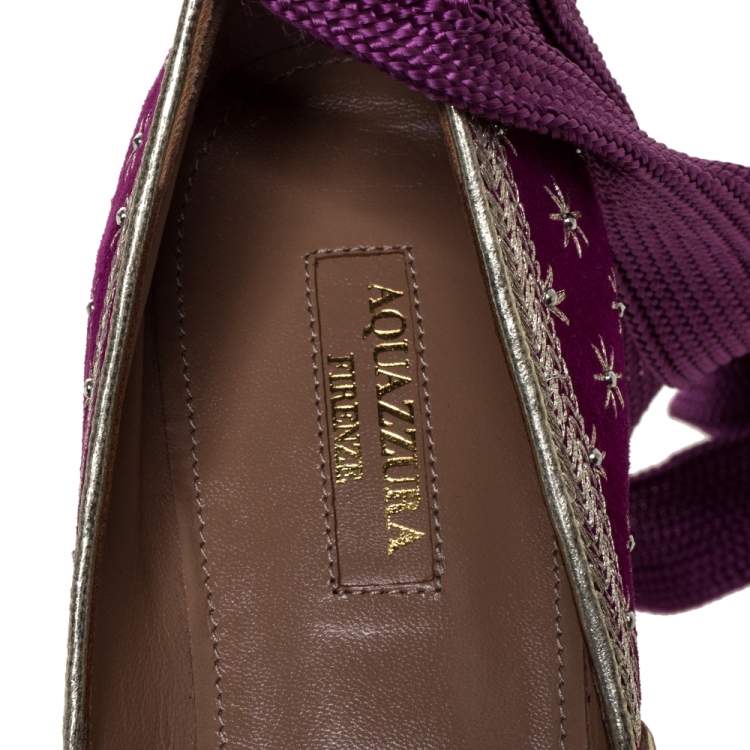 Pre Owned Aquazzura Purple Suede Leather Bliss Embroidered Ankle Wrap Ballet Flats Size 37