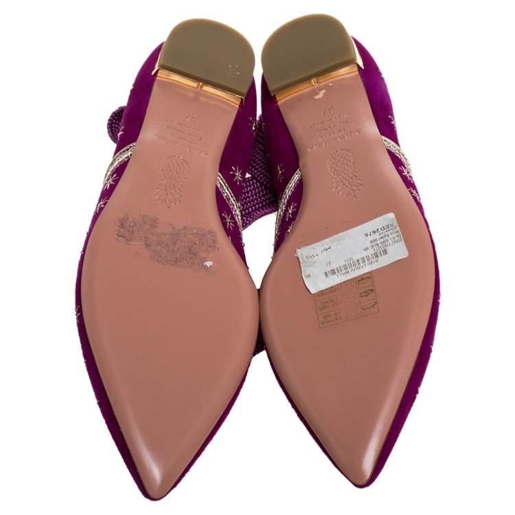Pre Owned Aquazzura Purple Suede Leather Bliss Embroidered Ankle Wrap Ballet Flats Size 37