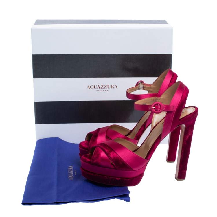 Pre Owned Aquazzura Pink Satin And Velvet Coquette Platform Ankle Strap Sandals Size 40