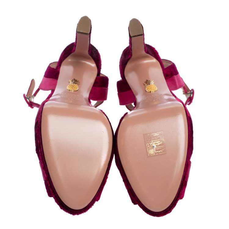 Pre Owned Aquazzura Pink Satin And Velvet Coquette Platform Ankle Strap Sandals Size 40