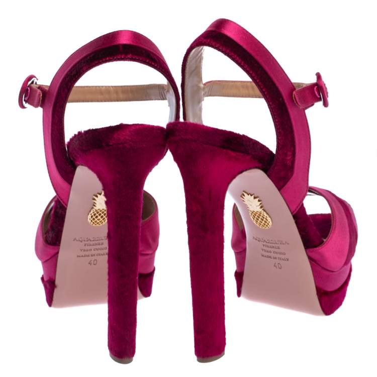 Pre Owned Aquazzura Pink Satin And Velvet Coquette Platform Ankle Strap Sandals Size 40