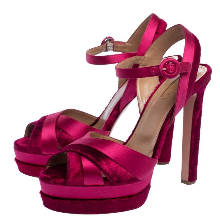 Pre Owned Aquazzura Pink Satin And Velvet Coquette Platform Ankle Strap Sandals Size 40