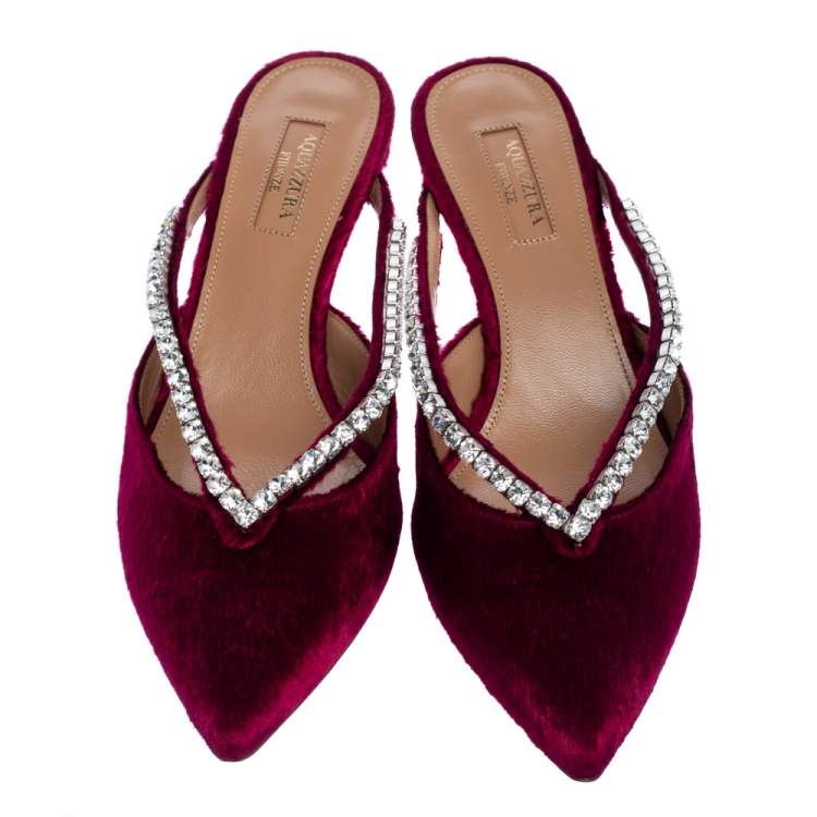 Pre Owned Aquazzura Burgundy Velvet Sabine Crystal Embellished Pointed Toe Mules Size 38.5