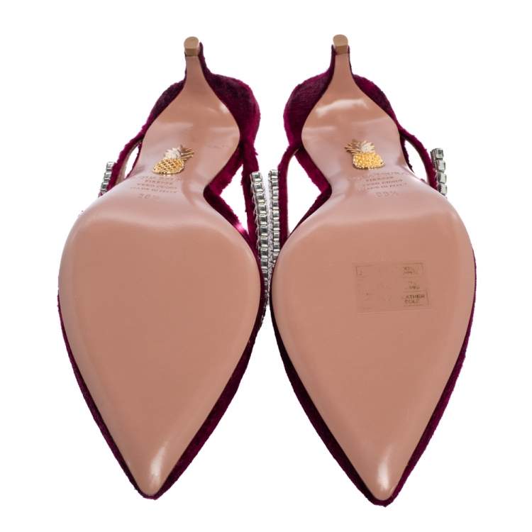 Pre Owned Aquazzura Burgundy Velvet Sabine Crystal Embellished Pointed Toe Mules Size 38.5