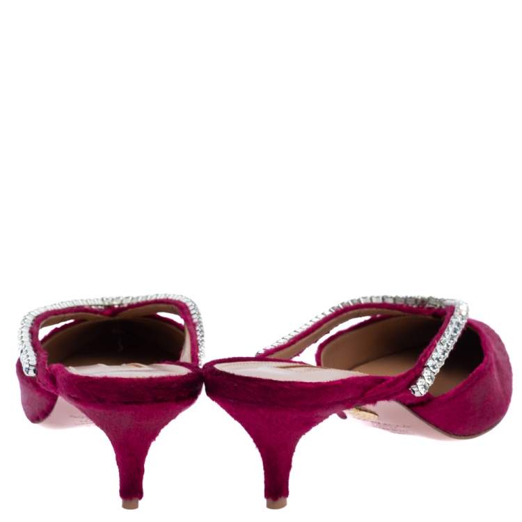 Pre Owned Aquazzura Burgundy Velvet Sabine Crystal Embellished Pointed Toe Mules Size 38.5