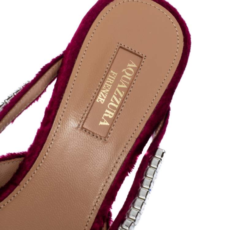 Pre Owned Aquazzura Burgundy Velvet Sabine Crystal Embellished Pointed Toe Mules Size 38.5