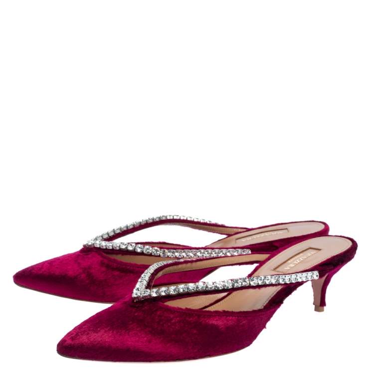 Pre Owned Aquazzura Burgundy Velvet Sabine Crystal Embellished Pointed Toe Mules Size 38.5