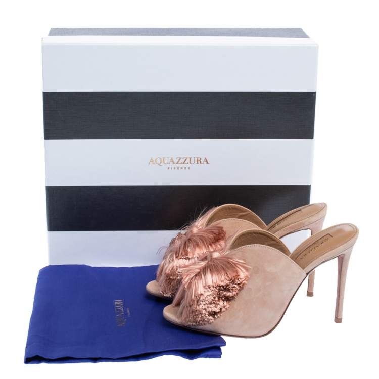Pre Owned Aquazzura Beige Suede Leather Lotus Blossom Peep Toe Mules Size 36.5