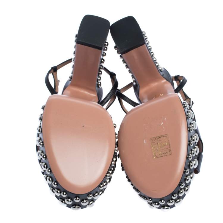 Pre Owned Aquazzura Black Leather Opera Studded Platform Ankle Strap Sandals Size 36.5