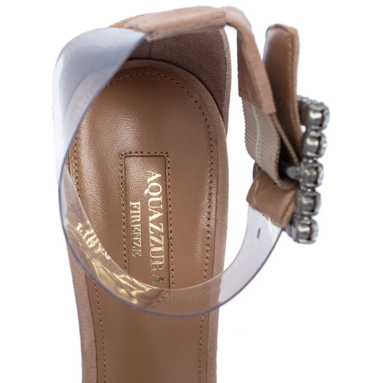 Pre Owned Aquazzura Beige Suede And PVC Casablanca Crystal Embellished Ankle Cuff Sandals Size 38.5