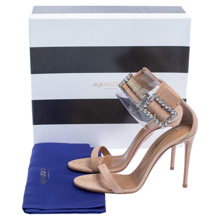 Pre Owned Aquazzura Beige Suede And PVC Casablanca Crystal Embellished Ankle Cuff Sandals Size 38.5