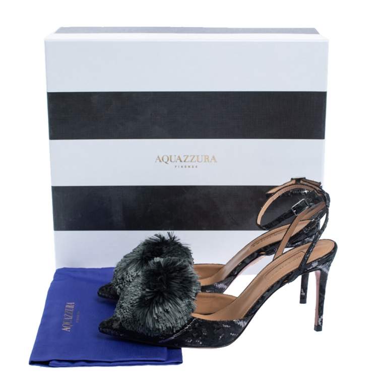 Pre Owned Aquazzura Black Brocade Fabric Powder Puff Ankle Strap Sandals Size 37