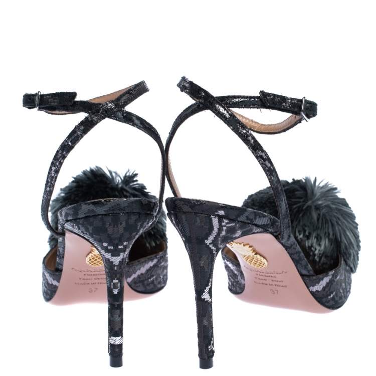 Pre Owned Aquazzura Black Brocade Fabric Powder Puff Ankle Strap Sandals Size 37