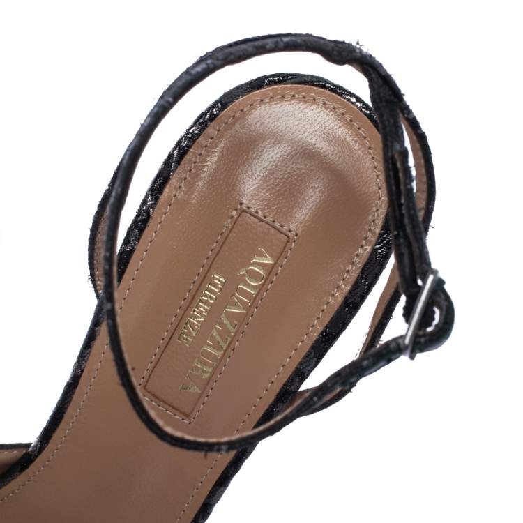 Pre Owned Aquazzura Black Brocade Fabric Powder Puff Ankle Strap Sandals Size 37