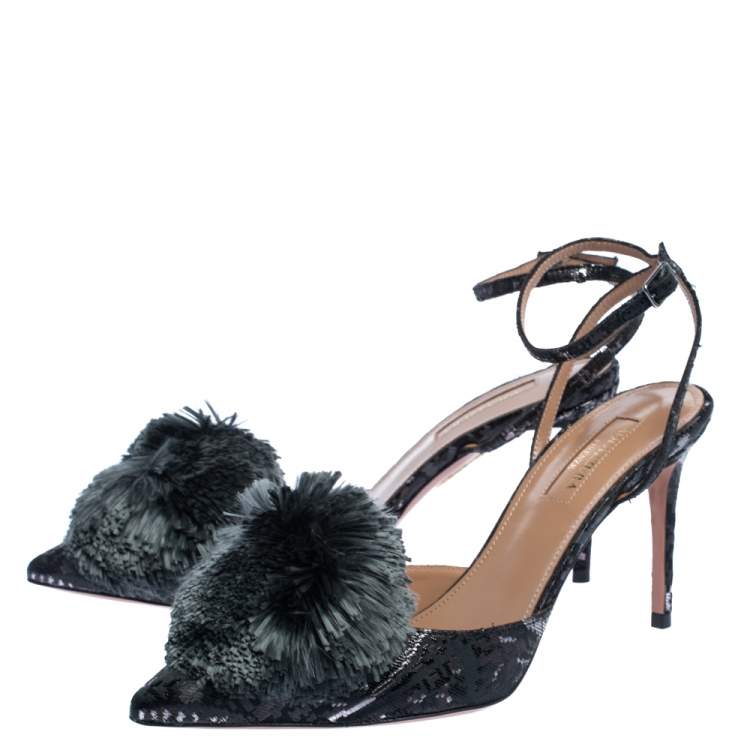 Pre Owned Aquazzura Black Brocade Fabric Powder Puff Ankle Strap Sandals Size 37