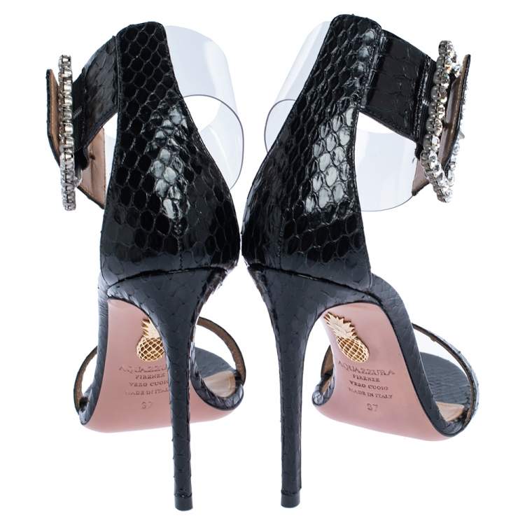 Pre Owned Aquazzura Black Snake Leather And PVC Casablanca Crystal Embellished Ankle Cuff Sandals Size 37